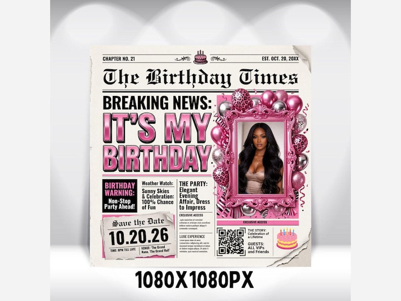 Silver Pink Newspaper Birthday Invitation, Digital Glam Party Evite, Editable Social Media Flyer Template, Modern Birthday Dinner Invite