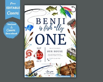 Fishing Birthday Invitation, Reel in the Fun, Fish Theme Party Invite, Fishing Trout Invite, Boy Birthday, Editable Canva Template