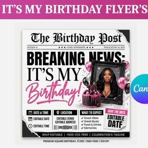 Silver Pink Newspaper Birthday Invitation, Digital Glam Party Evite, Editable Social Media Flyer Template, Modern Birthday Dinner Invite