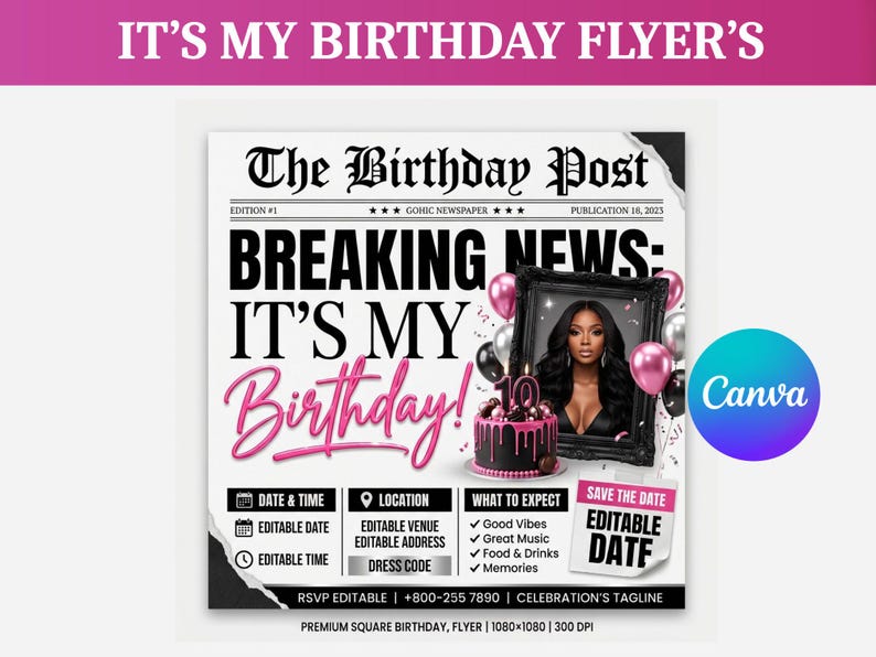 Silver Pink Newspaper Birthday Invitation, Digital Glam Party Evite, Editable Social Media Flyer Template, Modern Birthday Dinner Invite