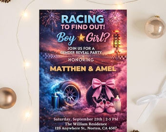 Editable Burnouts or Bows Gender Reveal Baby Shower Invitation, Boy or Girl, He or She Gender Reveal Invite, Burnouts or Bows invitation