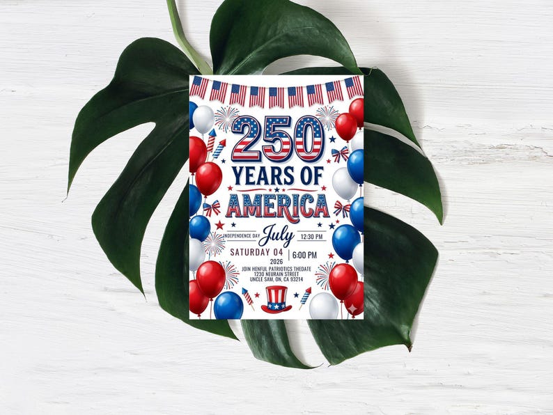 Festive 4th of July 2026 invitation titled 250 Years of America. The design features red, white, and blue balloons, fireworks, American flag bunting, and a patriotic top hat. Text includes Saturday July 04 2026, Independence Day, and event details. The number 250 is displayed in large, bold patriotic-themed font at the top against a white background.