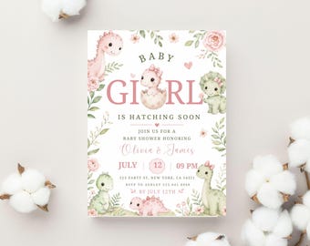 Hatching Soon Baby Shower Invitation, Dinosaur Girl Invite, Baby Dino Egg, Editable Canva Template, Couples Shower Mobile Evite,
