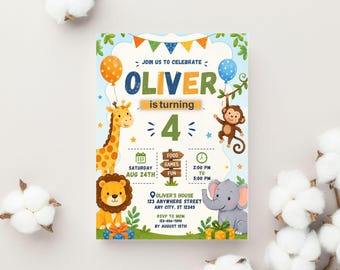 Safari Animals Birthday Invitation, Jungle Party Invite, Boy 4th Birthday Printable, Wild Animals Party, Editable Template, Digital Download