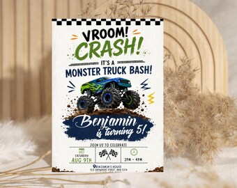 Monster Truck Birthday Invitation, Boy 5th Birthday Party Invite, Printable Truck Party, Editable Template, Digital Download