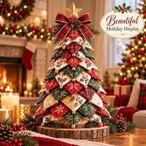 May include: A fabric Christmas tree decoration featuring layered triangular patches in red, green, and cream with holly and snowflake patterns. It is topped with a plaid bow, a gold star, and sits on a round wooden base with gold beads.