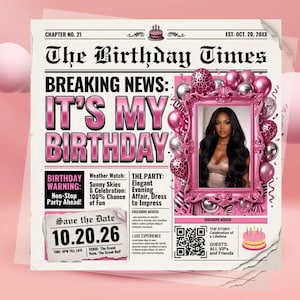 Silver Pink Newspaper Birthday Invitation, Digital Glam Party Evite, Editable Social Media Flyer Template, Modern Birthday Dinner Invite