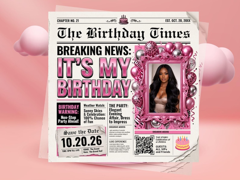 Silver Pink Newspaper Birthday Invitation, Digital Glam Party Evite, Editable Social Media Flyer Template, Modern Birthday Dinner Invite