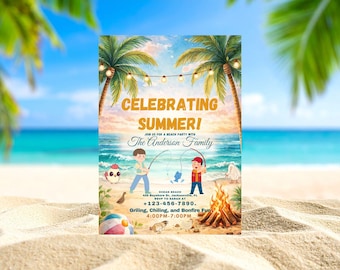 Beach Party Invitation Template, Summer Bonfire Invite, Editable Tropical Sunset Beach Birthday, Grilling and Chilling, Family Beach Social