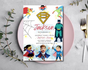 Superhero Birthday Invitation Editable Canva Template Kids Superhero Party Invite Boy 4th Birthday Printable Comic Hero Invite Instant down