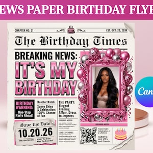 Silver Pink Newspaper Birthday Invitation, Digital Glam Party Evite, Editable Social Media Flyer Template, Modern Birthday Dinner Invite