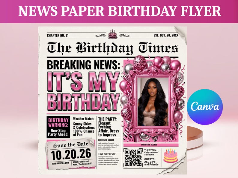Silver Pink Newspaper Birthday Invitation, Digital Glam Party Evite, Editable Social Media Flyer Template, Modern Birthday Dinner Invite