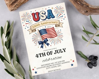 Vintage USA 250th Anniversary Invitation, 4th of July 2026 Party Invite, Patriotic Semiquincentennial Celebration, American Flag Flyer
