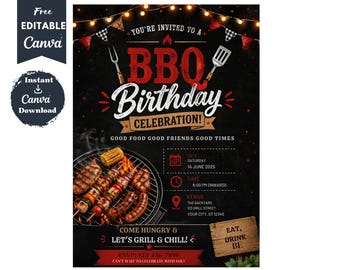 BBQ Birthday Invitation Template Editable, Grill Party Invite, Backyard Cookout Invitation, Canva Template, Adult BBQ Party Invite