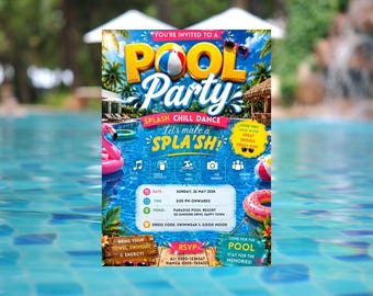 Editable Pool Party Birthday Invitation Neon Glow Swim Invite Boys/girls Blue Pink Pool Birthday Canva Template Digital Download Invite B/G