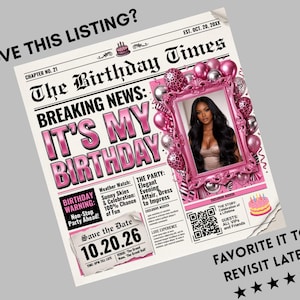 Silver Pink Newspaper Birthday Invitation, Digital Glam Party Evite, Editable Social Media Flyer Template, Modern Birthday Dinner Invite