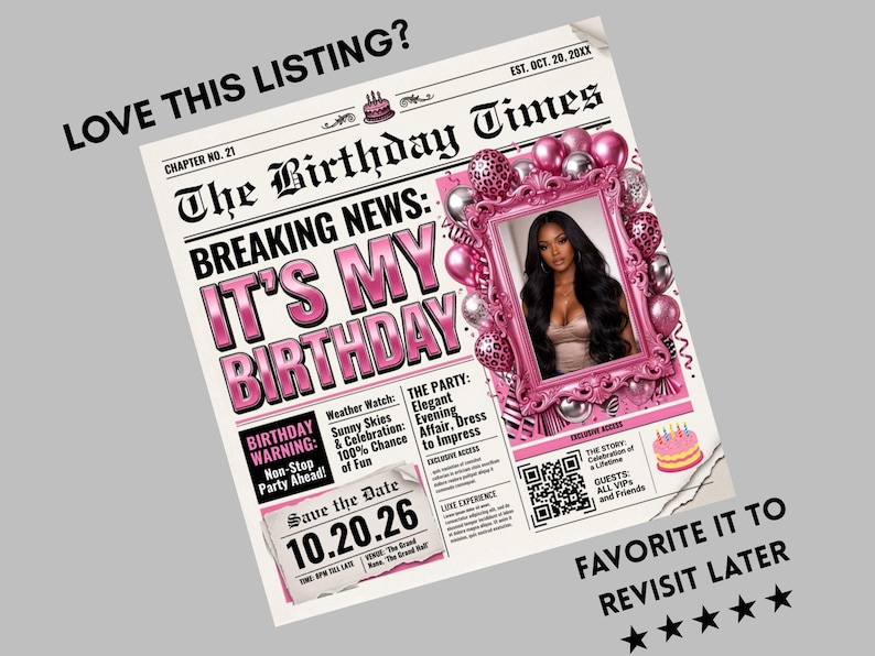 Silver Pink Newspaper Birthday Invitation, Digital Glam Party Evite, Editable Social Media Flyer Template, Modern Birthday Dinner Invite