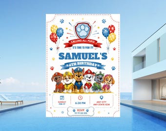 Editable Paw-ty Birthday Invitation Template, Puppy Patrol (Digital Download)