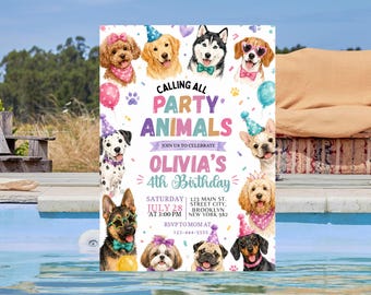 Rainbow Girl Birthday Invitation, Let’s Pawty, Calling All Party Animals, Dog Party Invite, Puppy Birthday Invitation, Editable Canva