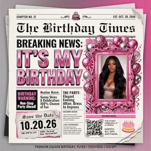 Silver Pink Newspaper Birthday Invitation, Digital Glam Party Evite, Editable Social Media Flyer Template, Modern Birthday Dinner Invite