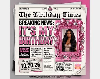 Silver Pink Newspaper Birthday Invitation, Digital Glam Party Evite, Editable Social Media Flyer Template, Modern Birthday Dinner Invite