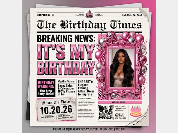 Silver Pink Newspaper Birthday Invitation, Digital Glam Party Evite, Editable Social Media Flyer Template, Modern Birthday Dinner Invite