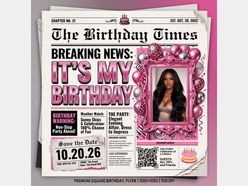 Silver Pink Newspaper Birthday Invitation, Digital Glam Party Evite, Editable Social Media Flyer Template, Modern Birthday Dinner Invite