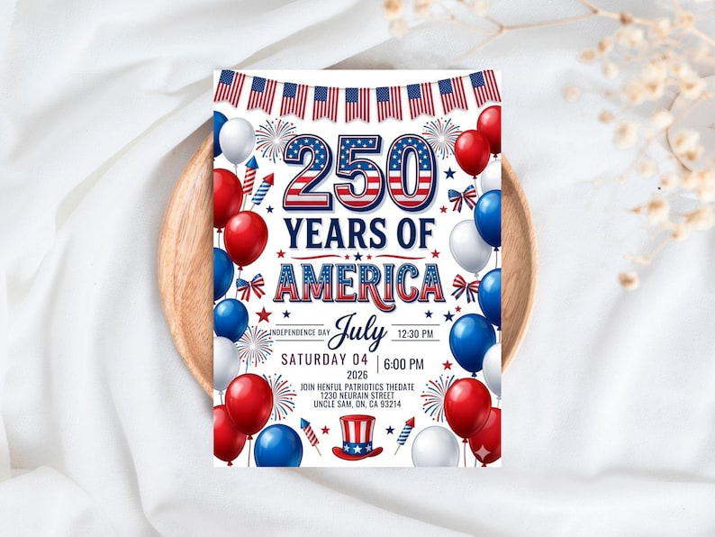 Festive 4th of July 2026 invitation titled 250 Years of America. The design features red, white, and blue balloons, fireworks, American flag bunting, and a patriotic top hat. Text includes Saturday July 04 2026, Independence Day, and event details. The number 250 is displayed in large, bold patriotic-themed font at the top against a white background.