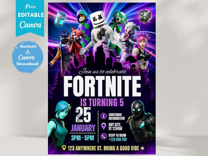 Editable Fort Game Birthday Invitation, Gamer Party Invite, , Printable Gamer Invite, Gamer Digital, Gamer Template, Gamer Canva