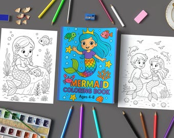May include: A mermaid coloring book with the title "Mermaid Coloring Book" and the text "Ages 4-8" on the cover. The image also shows coloring pages with mermaid illustrations, along with colored pencils and watercolor paints.