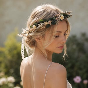Puede incluir: Una corona floral con flores secas y vegetación. La corona incluye pequeñas flores blancas, hojas verdes y detalles beige. Cintas de encaje blanco cuelgan por la espalda. La corona la lleva una persona con cabello rubio.
