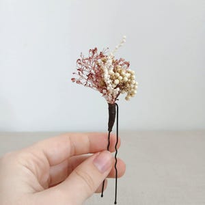 Può includere: Fermaglio per capelli con un piccolo grappolo di fiori secchi nei toni del crema, bordeaux e bianco. La composizione floreale è avvolta con materiale marrone scuro e fissata a un fermaglio in metallo nero. Perfetto per acconciature.
