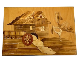 Handmade Polish Straw Art Wall Plaque - Vintage Old Mill Scene