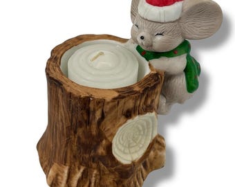 Vintage Roman Inc. Mouse w/Tree Stump Candle Holder Christmas Decor Ceramic