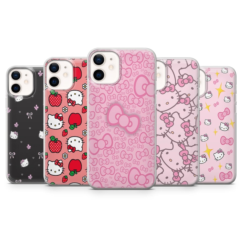 May include: A collection of phone cases featuring Hello Kitty designs. The cases showcase various patterns, including bows, strawberries, and the iconic character. Colors include pink, black, and red.