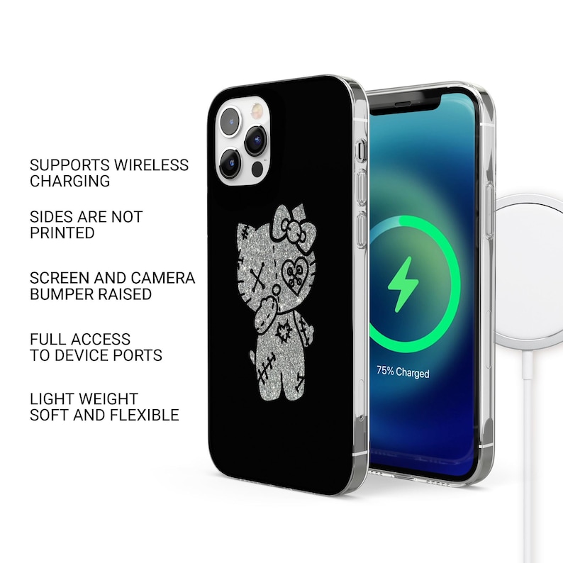Puede incluir: Funda de tel&eacute;fono negra con un dise&ntilde;o de Hello Kitty plateado con purpurina. La pantalla del tel&eacute;fono muestra un s&iacute;mbolo de carga. El texto en la funda dice: Admite carga inal&aacute;mbrica, Los lados no est&aacute;n impresos, Parachoques de pantalla y c&aacute;mara elevados, Acceso completo a los puertos del dispositivo, Ligero, suave y flexible.