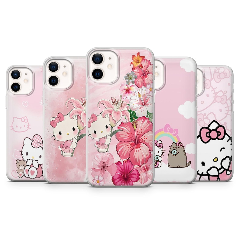 May include: Five pink phone cases with various designs. One case features Hello Kitty with a teddy bear, another has Hello Kitty with flowers, and a third showcases vibrant pink hibiscus flowers. The remaining cases display Hello Kitty with a rainbow and clouds.
