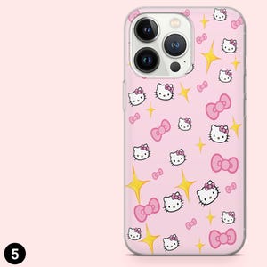 May include: Pink phone case featuring a repeating pattern of Hello Kitty faces, pink bows, and yellow starbursts. The case has a clear border and covers the back and sides of the phone. The phone case is designed for a smartphone.