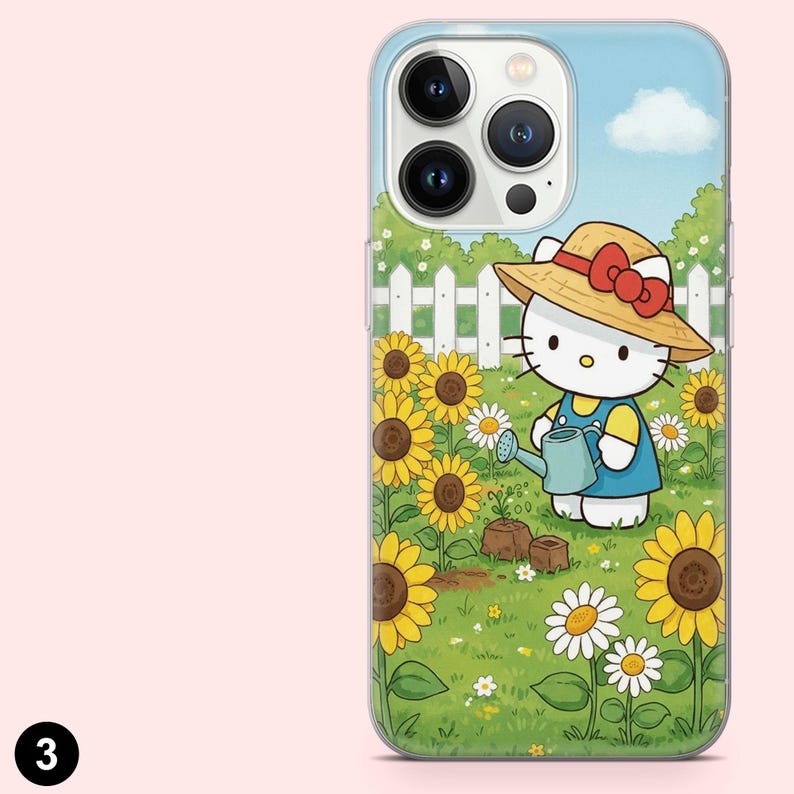 May include: Clear phone case featuring a cartoon illustration of Hello Kitty gardening. The design includes sunflowers, daisies, a white picket fence, and a blue sky background. Hello Kitty is wearing a straw hat with a red bow and a blue overall dress.