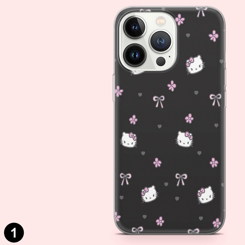 May include: Black phone case featuring a repeating pattern of Hello Kitty faces, pink bows, and flowers. The case has a clear border and is designed for a smartphone. The background is black.