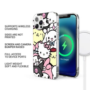 Puede incluir: Una funda transparente para tel&eacute;fono con un dise&ntilde;o de dibujos animados colorido con personajes. La funda se muestra con un tel&eacute;fono que muestra una pantalla de carga. El texto en la funda dice: Admite carga inal&aacute;mbrica, Los lados no est&aacute;n impresos, Pantalla y c&aacute;mara.