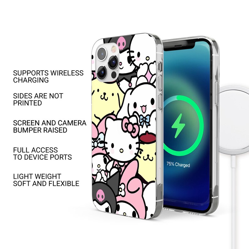 Puede incluir: Una funda transparente para tel&eacute;fono con un dise&ntilde;o de dibujos animados colorido con personajes. La funda se muestra con un tel&eacute;fono que muestra una pantalla de carga. El texto en la funda dice: Admite carga inal&aacute;mbrica, Los lados no est&aacute;n impresos, Pantalla y c&aacute;mara.