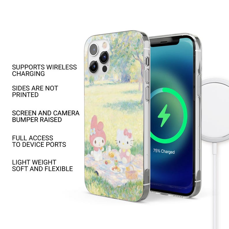 May include: Clear phone case with a pastel landscape design and two cartoon characters at a picnic. The phone screen shows a charging symbol. Text on the case reads: "SUPPORTS WIRELESS CHARGING", "SIDES ARE NOT PRINTED", "SCREEN AND CAMERA BUMPER RAISED", "FULL ACCESS TO DEVICE PORTS", "LIGHT WEIGHT SOFT AND FLEXIBLE".