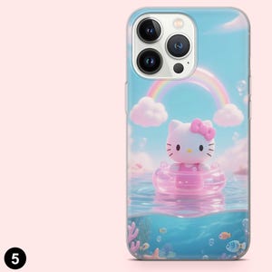 May include: A phone case with a cartoon character in a pink inflatable ring in water. The background shows a rainbow, clouds, and fish. The case has a light blue sky background.
