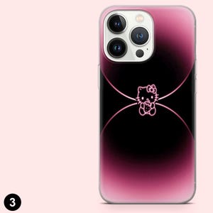 Op de afbeelding: Een telefoonhoesje met een roze en zwarte gradi&euml;nt. De hoes heeft een neonroze Hello Kitty-afbeelding in het midden. De hoes heeft een transparante rand en een camera-uitsparing.