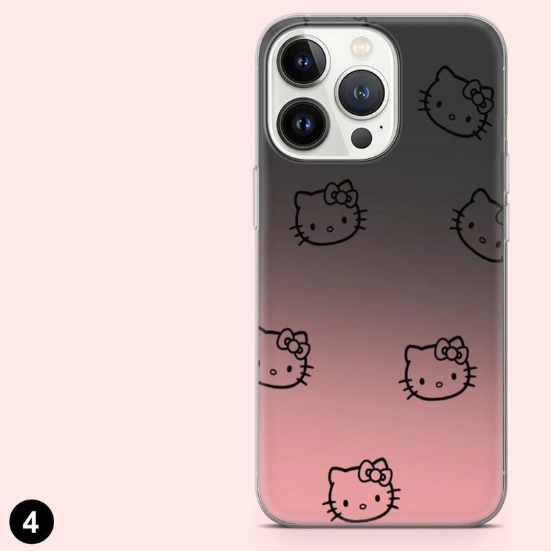 Puede incluir: Una funda de tel&eacute;fono con un dise&ntilde;o degradado, que va del negro al rosa. La funda presenta un patr&oacute;n de contornos negros de caras de Hello Kitty. La funda est&aacute; dise&ntilde;ada para un smartphone.
