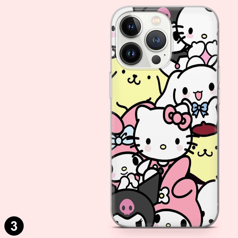 Puede incluir: Funda transparente para tel&eacute;fono con un dise&ntilde;o de collage colorido de personajes de dibujos animados, incluyendo Hello Kitty, en tonos blanco, rosa, amarillo y negro. La funda tiene un borde transparente y cubre la parte trasera y los lados del tel&eacute;fono.