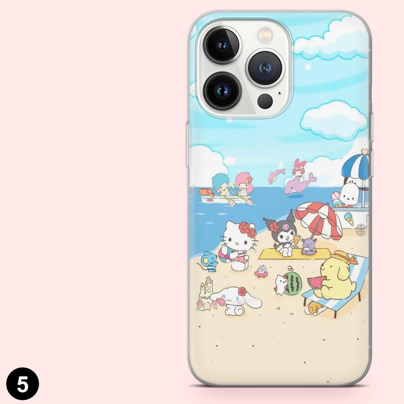 May include: Transparent phone case with a vibrant beach scene illustration. The design shows cartoon characters on a sandy beach with a blue sea and sky. Characters are depicted enjoying the beach, with a parasol and ice cream stand.