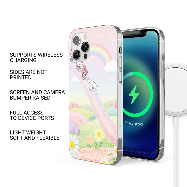 May include: A clear phone case with a colorful design featuring a rainbow, cartoon characters, and flowers. The phone case is shown next to a phone with a charging screen. The case supports wireless charging and has full access to device ports.
