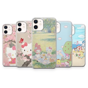 May include: Five phone cases with colourful designs featuring cartoon characters. The cases showcase images of Hello Kitty, My Melody, and other characters in various scenes, including a picnic and a beach.